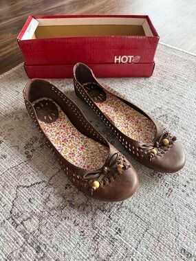 Hot Kiss Brown Braided Ballet Flats with Bead Accent